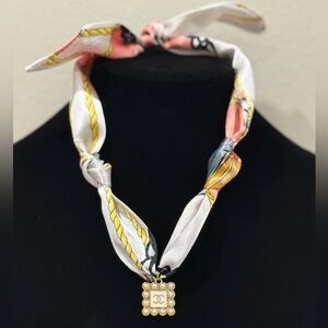 Elegant Silk Scarf Necklace with stamped Gold Pendant
